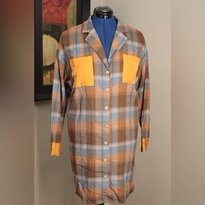 Cupshe Collared Contrast‎ Plaid Tunic Shirt Sz L Brown Orange Grunge Lagenlook